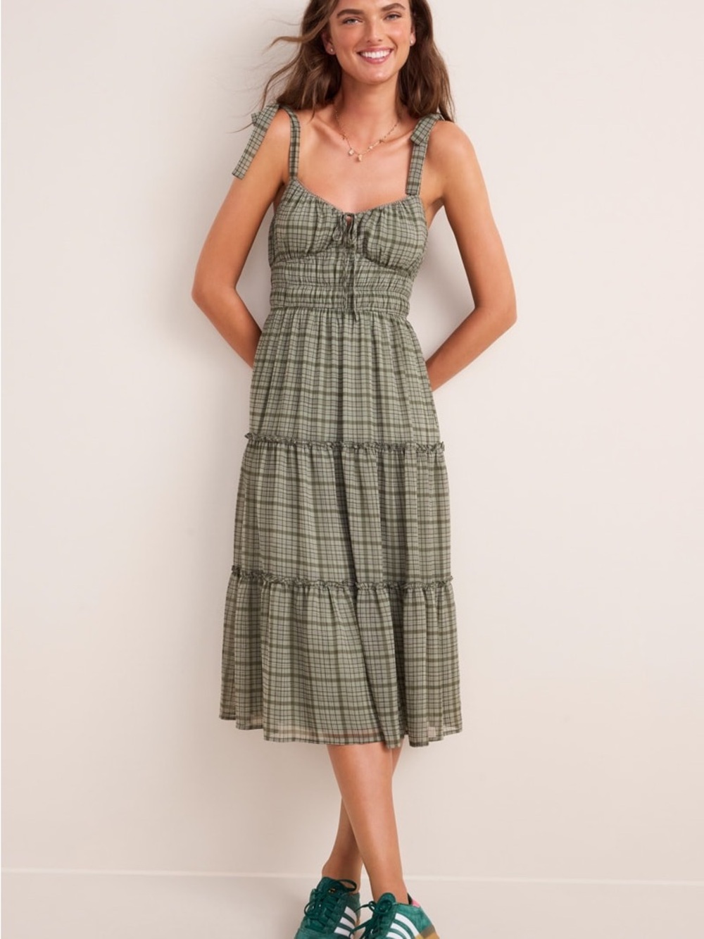 Francesca's Collections Olive Green Plaid Tiered Tie-Shoulder Maxi Dress Size L